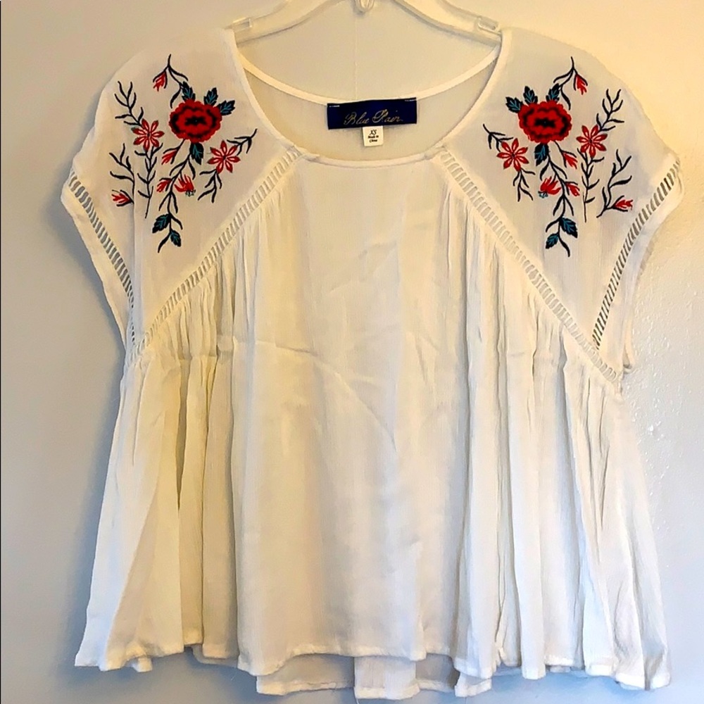 Blue Rain - boho embroidered top, crop, xs